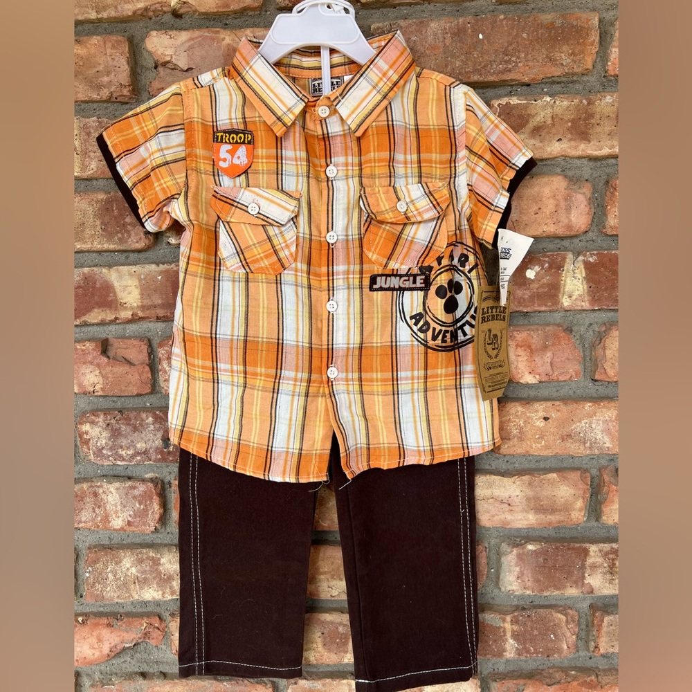 Little Rebels Orange Plaid Shirt, & brown, blue Jean style elastic waist pants